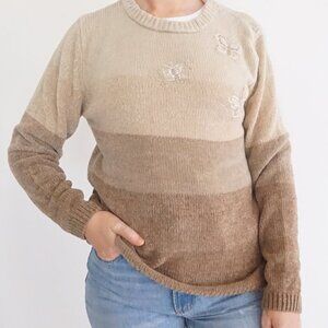 Vintage Crossroads Tan Brown Knit Ombre Design w Butterfly Crewneck Sweater S